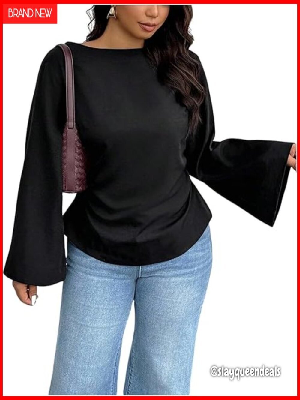 Plus Size Bell Sleeve Blouse Ruched Boat Neck Business Casual Top